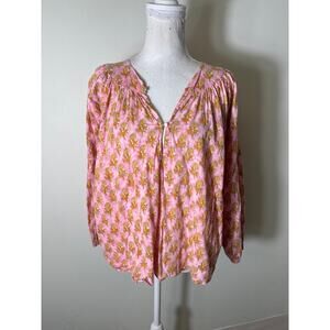 India Collection Pink and Orange Block Print Shirt sz M